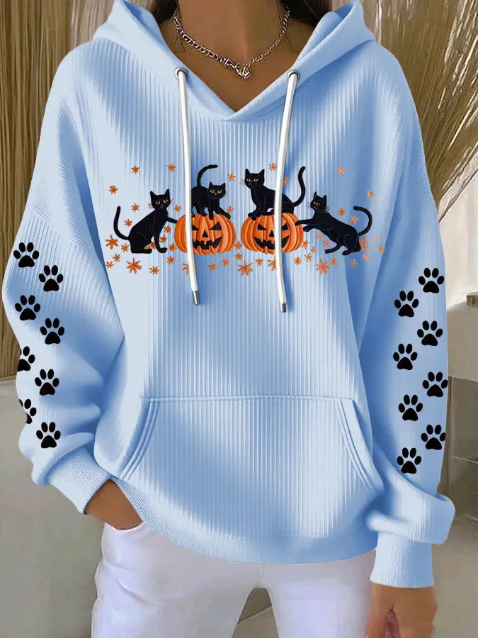 Women's Halloween Cat Pumpkin Paw Print Hoodie