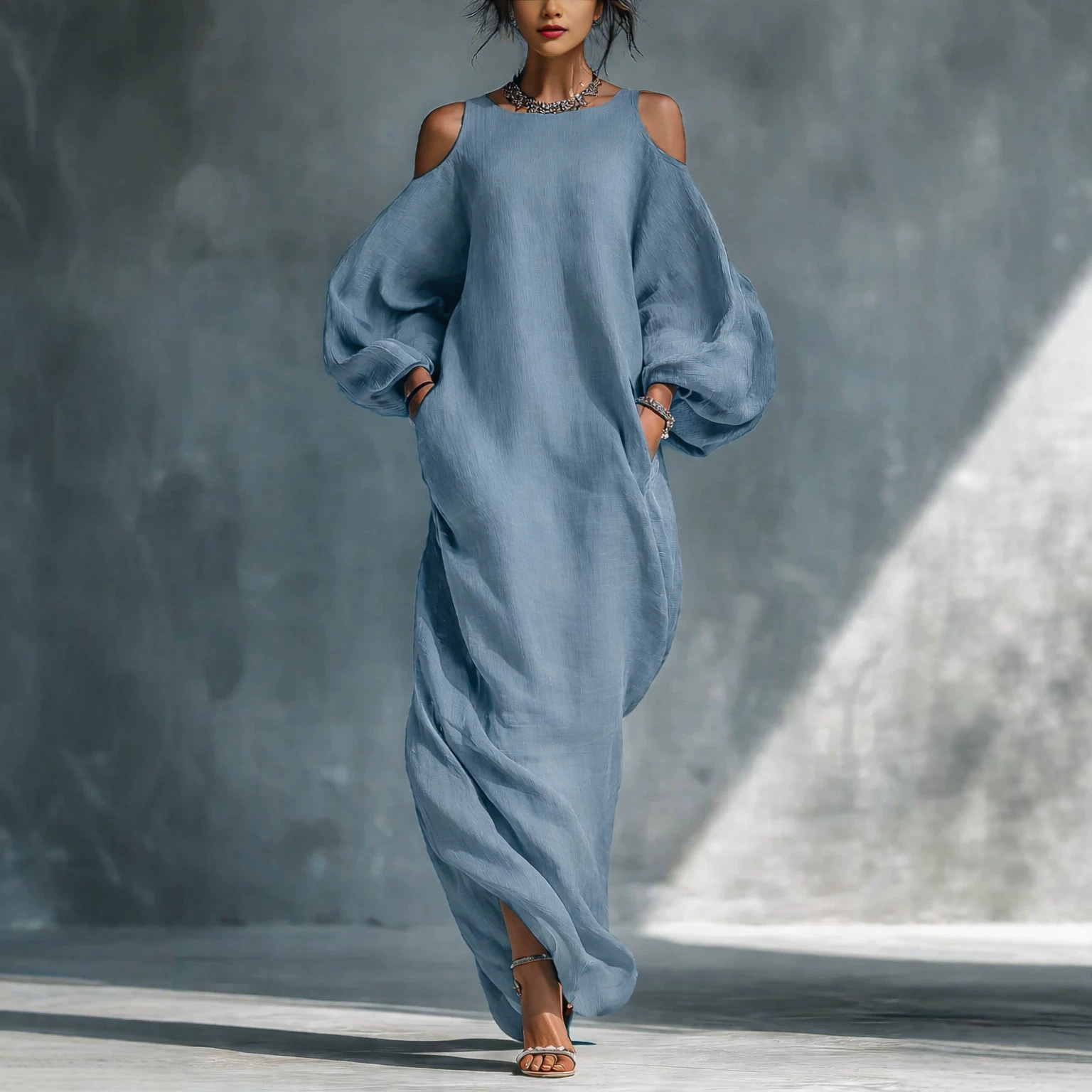Women's Long Sleeve Off-Shoulder Midi Dress A-Line Pullover