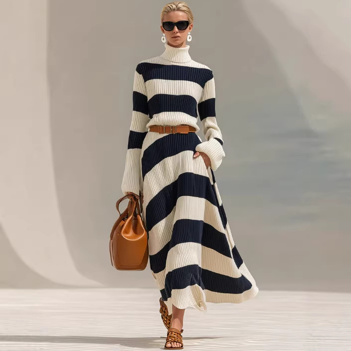 Navy and White Striped Long Sleeve Midi Dress