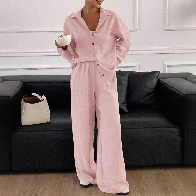 Casual Cotton-Linen Long-Sleeve Shirt and Pants Two-Piece Set