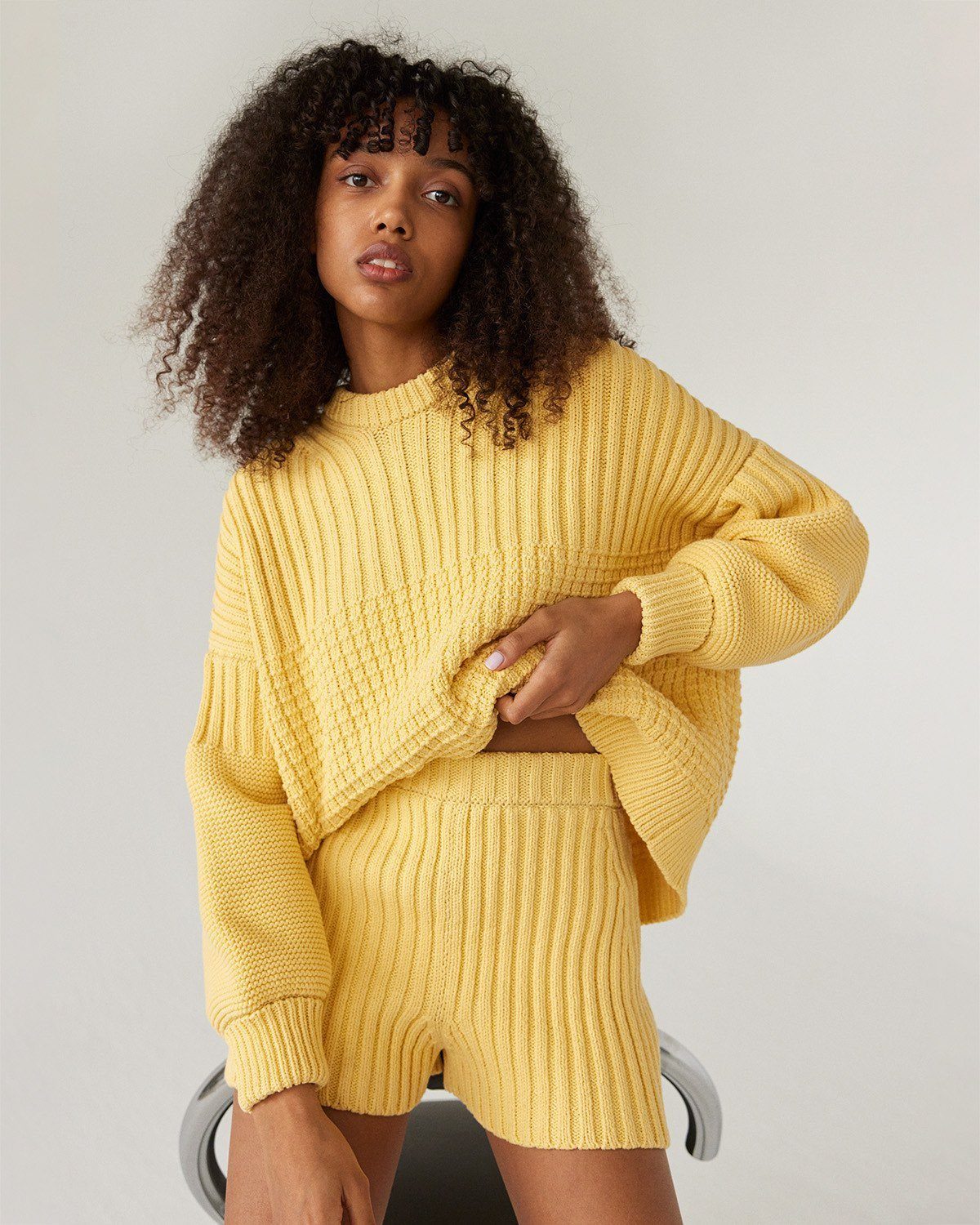 Women's Knit Crewneck Long Sleeve Loose Casual Shorts Two-Piece Set