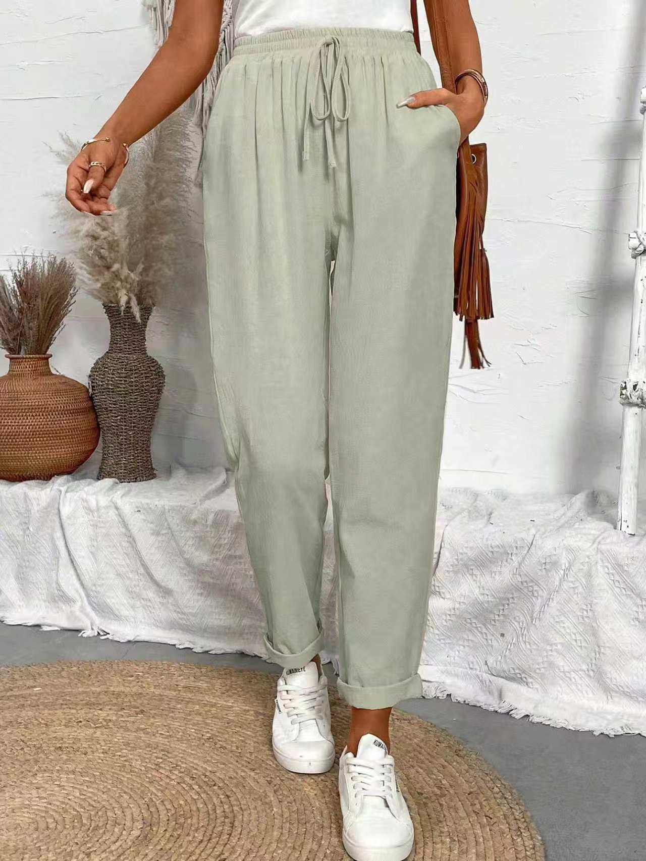 Women's Cotton Linen Cropped Pants with Pockets and Elastic Waist, Loose Casual