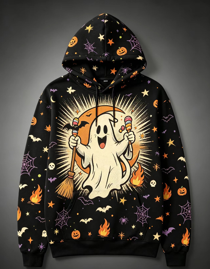 Women's Halloween Print Hoodie Cat Ghost Pullover