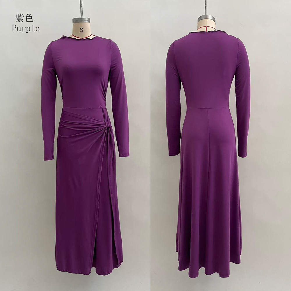 Women's Solid Wrap Long Sleeve Maxi Dress with Knot Detail
