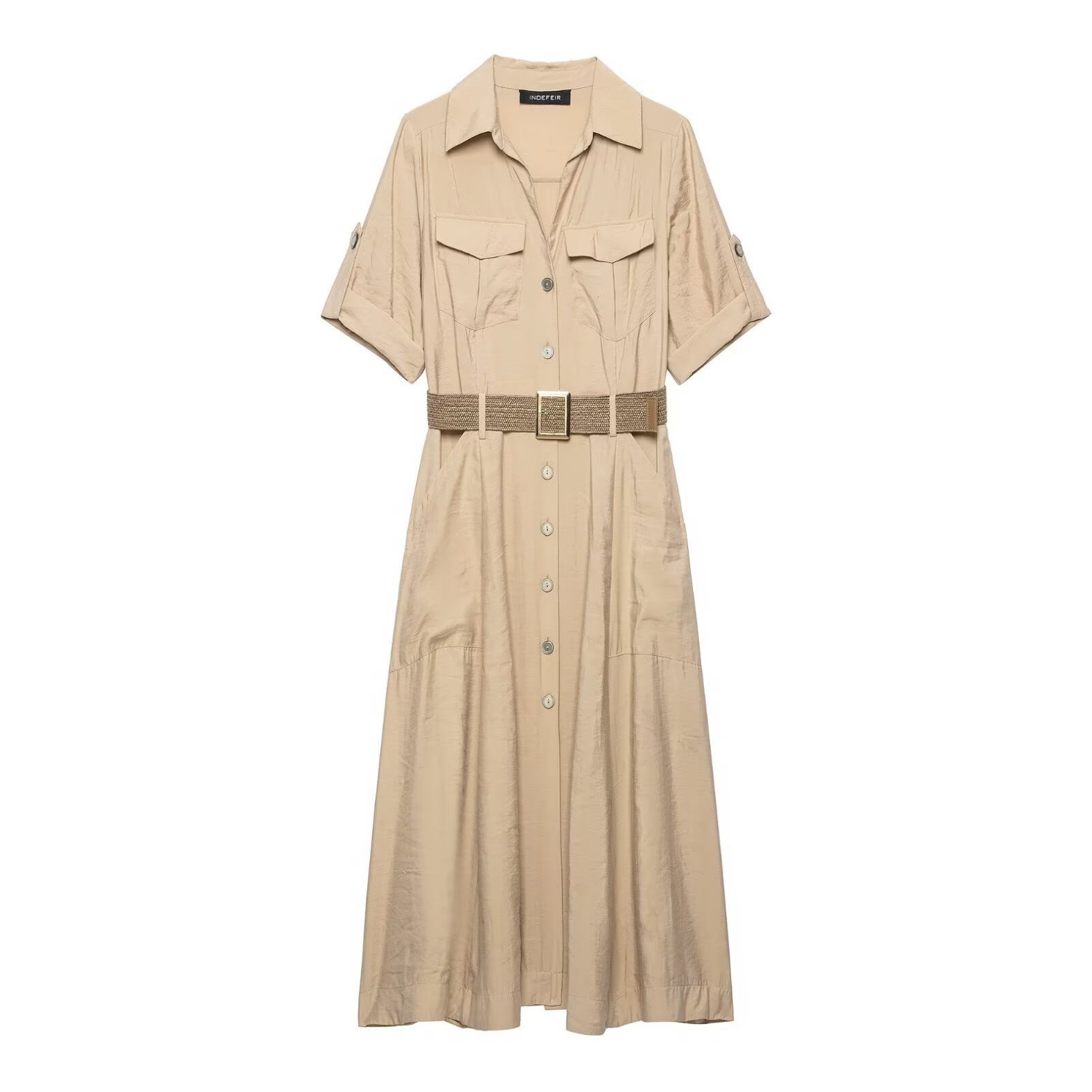 Women's Polo Collar A-Line Shirt Dress Short Sleeve Polyester Khaki