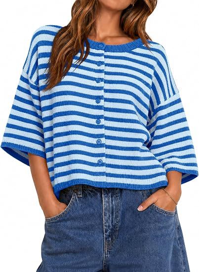 Color-Block Striped Bell-Sleeve Button Cardigan Sweater
