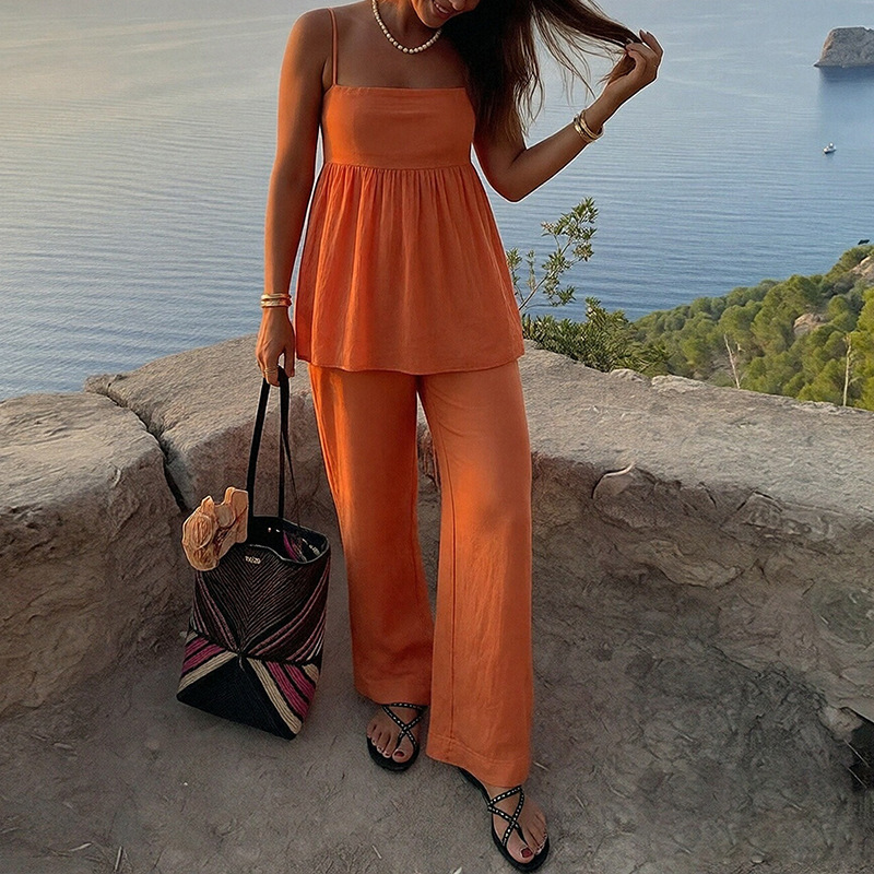 Women's Solid Color Sleeveless Two-Piece Set with Long Pants