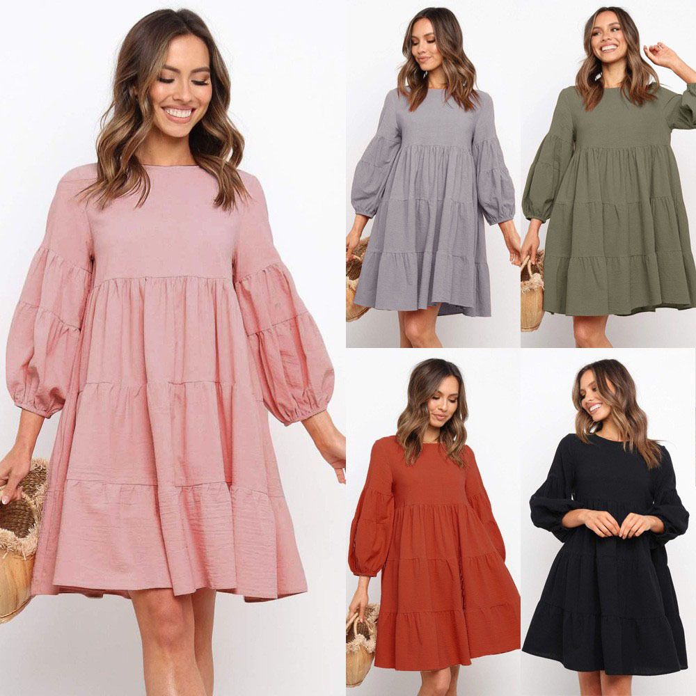 Women's Cotton-Linen Lantern Sleeve Patchwork Loose Flared Midi Dress