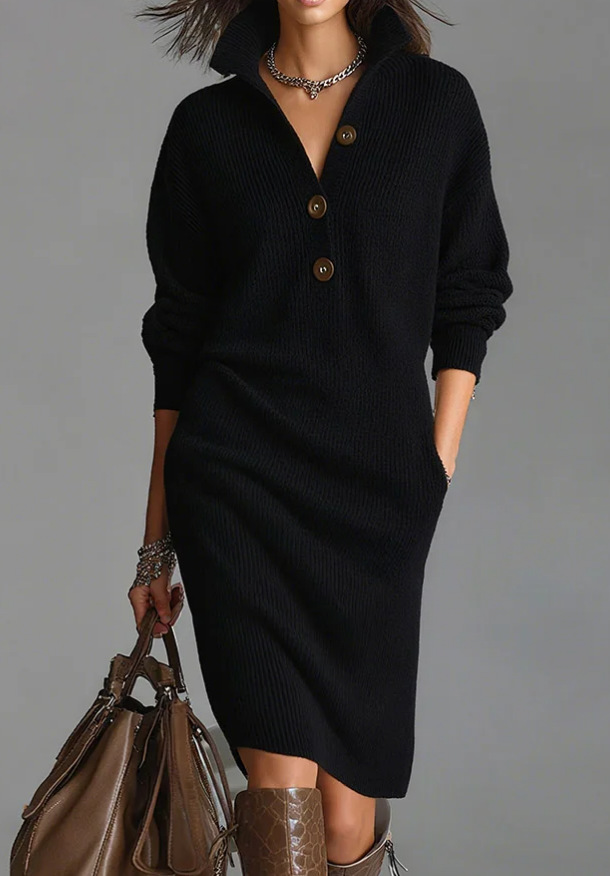Women's Button-Front Collared Loose Straight Knit Midi Sweater Dress