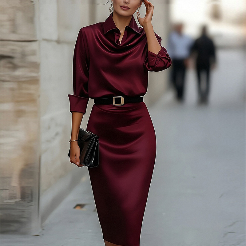 French Elegant Slim-Fit Solid Belted Bodycon Dress