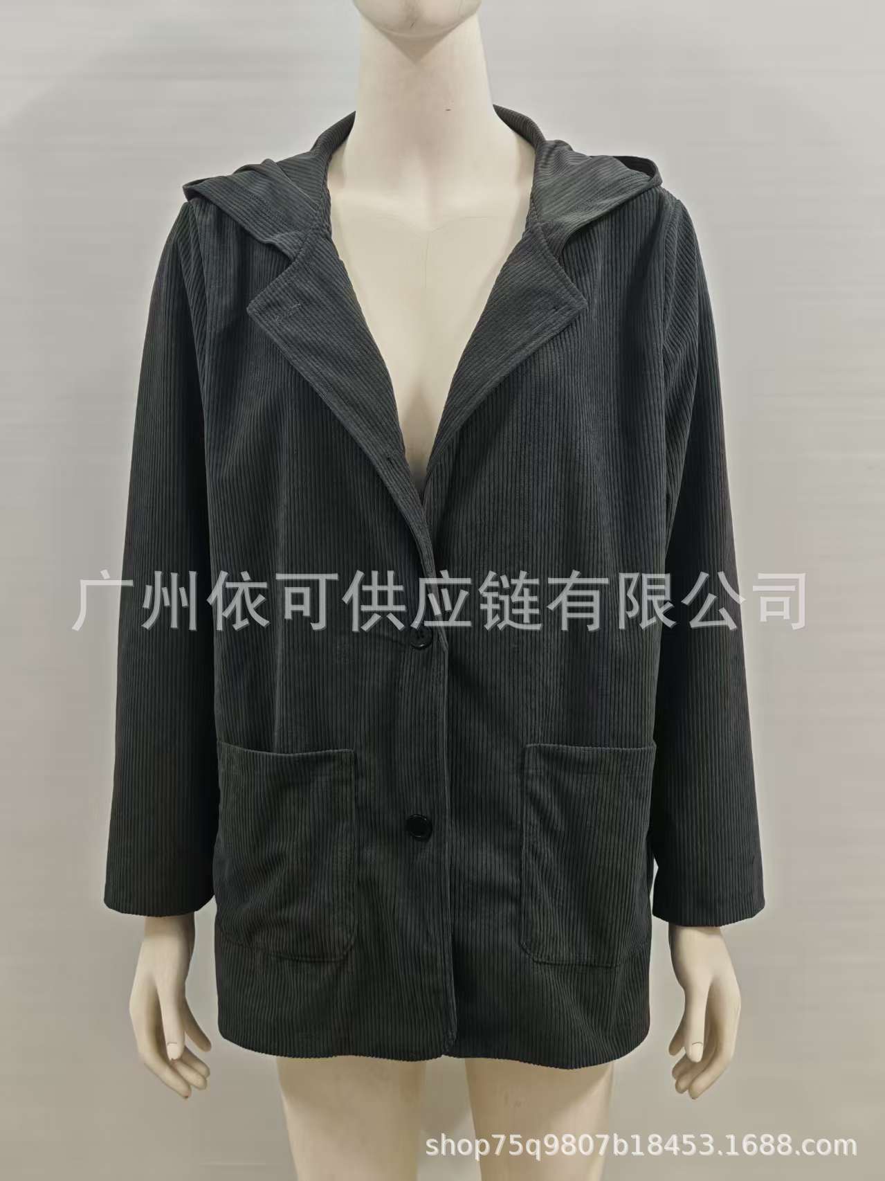 Corduroy Hooded Short Jacket with Lapel Collar
