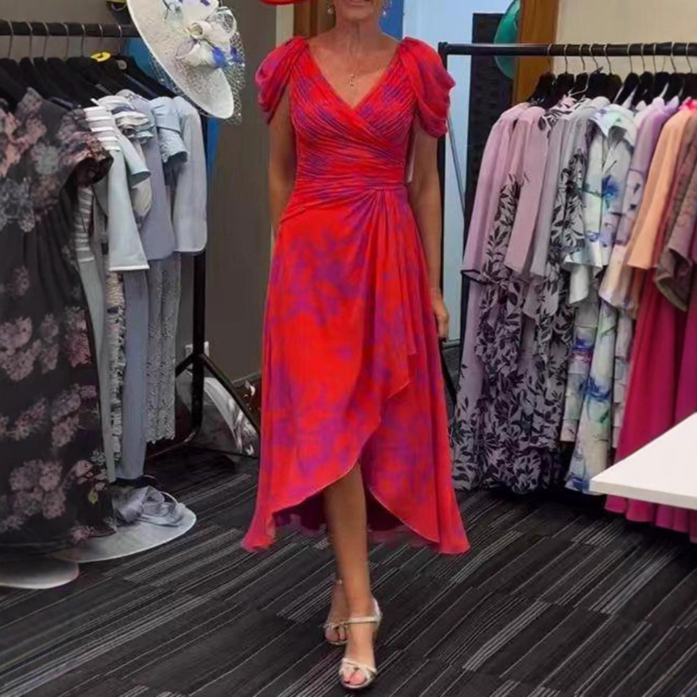 V-Neck Short Sleeve Cinched Waist Printed Casual Dress