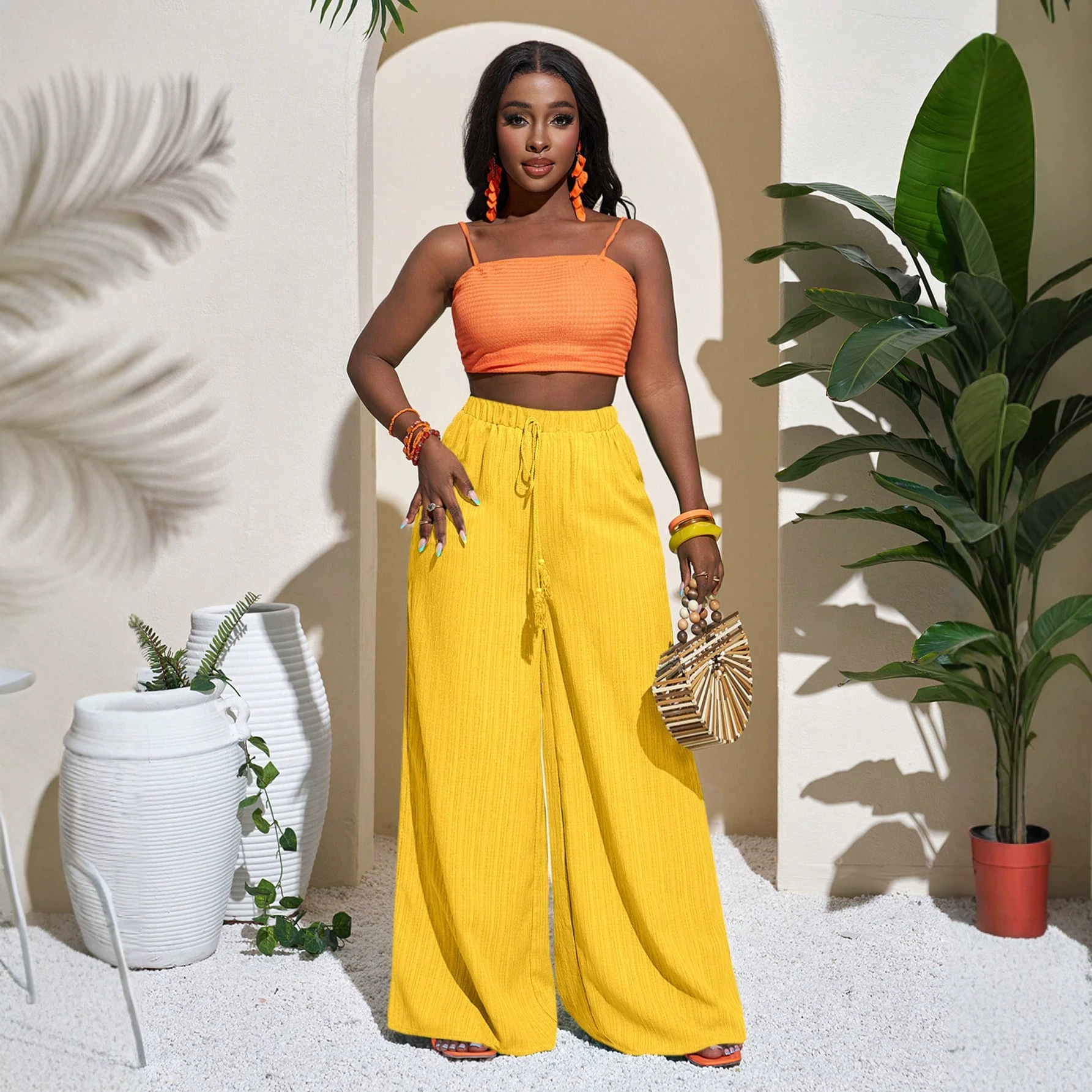Women's High-Waist Wide-Leg Pants Casual Solid Color Drawstring