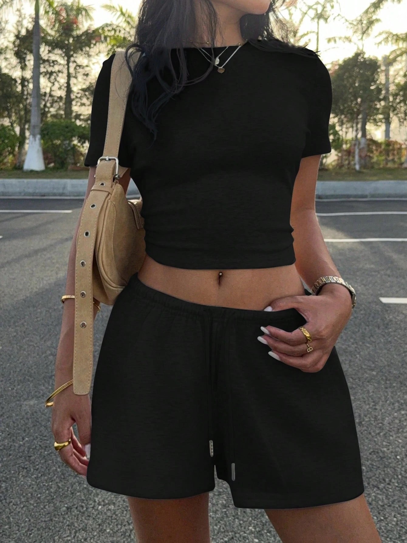 Women's Slim Fit Cropped Short Sleeve Drawstring Two-Piece Set