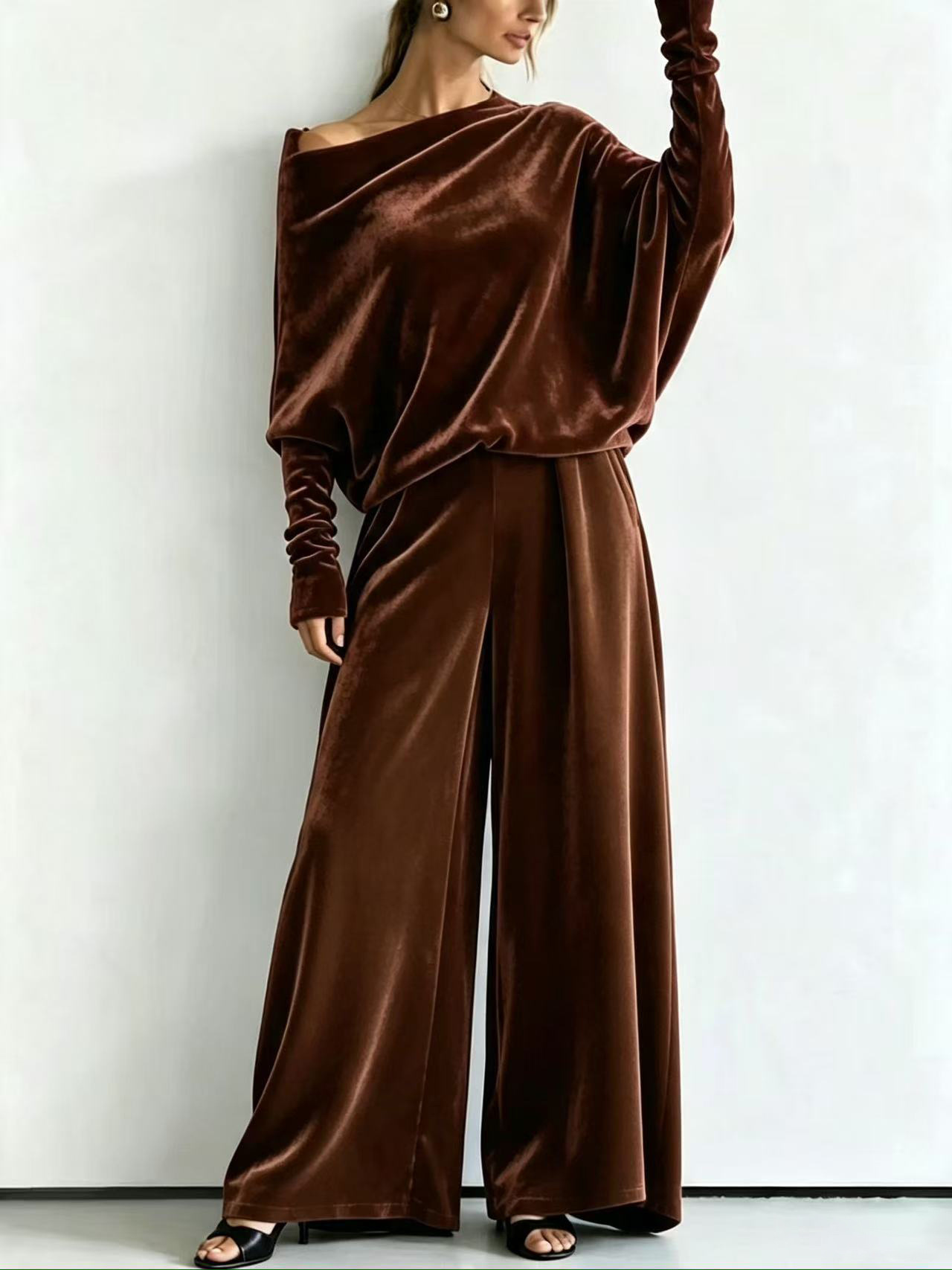 Velvet One-Shoulder Batwing Sleeve Top & High-Waist Wide-Leg Pants Set