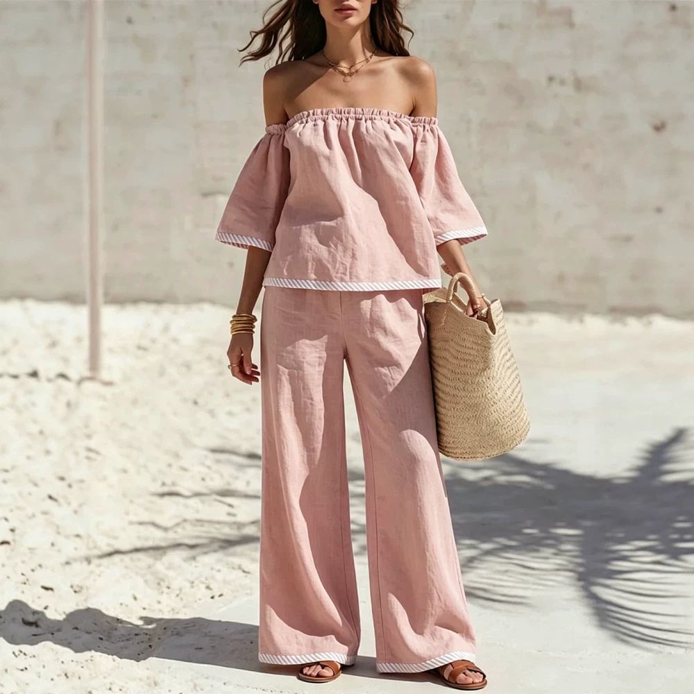 Off-Shoulder Top and Wide-Leg Pants Two-Piece Set