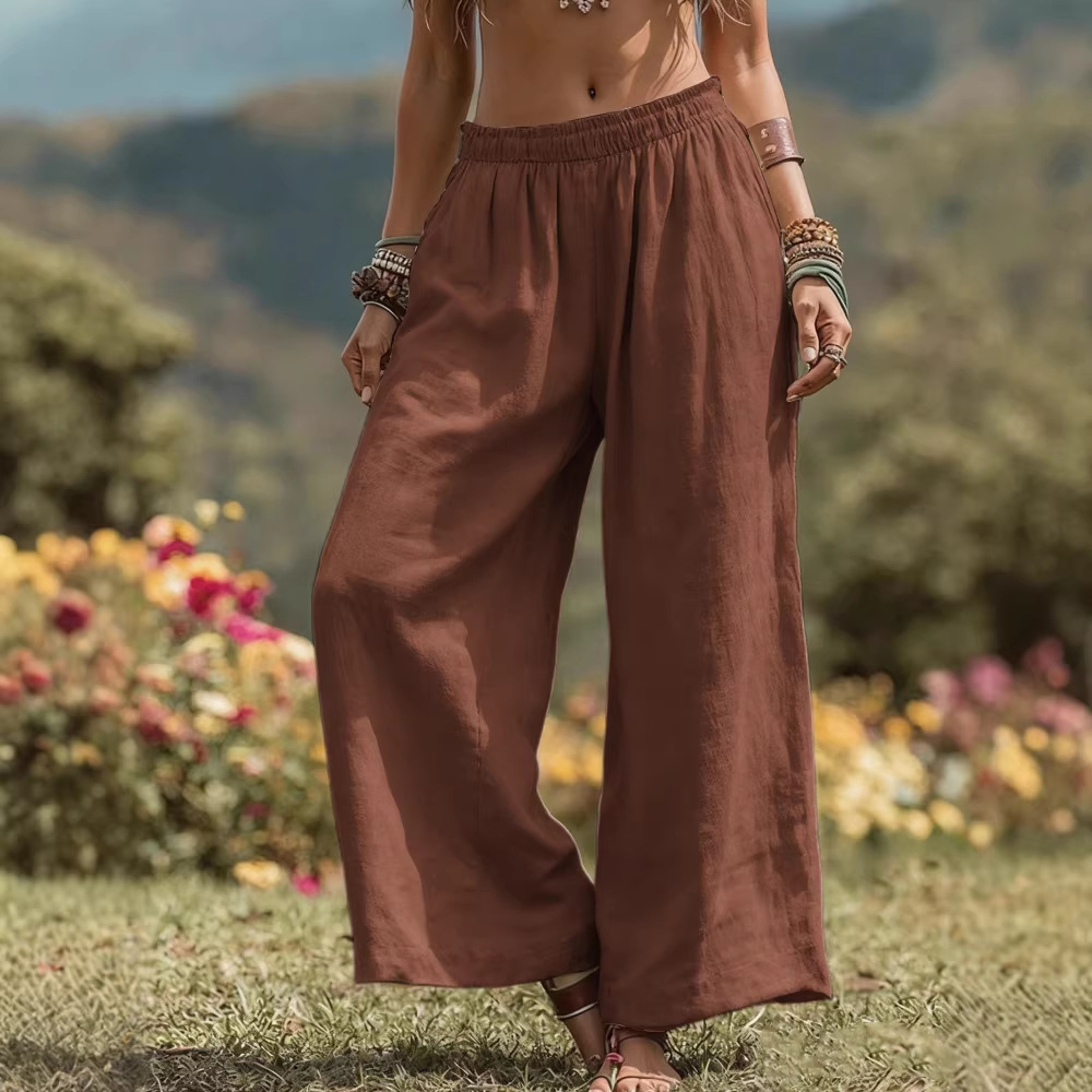 Women's Solid Color Wide-Leg Cotton Linen Pants with Pockets