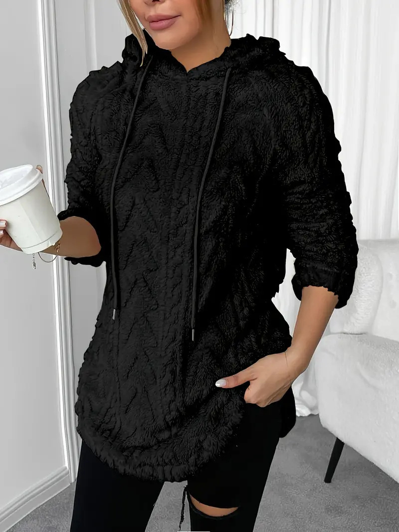 Solid Hooded Long-Sleeve Drawstring Fleece Sweater