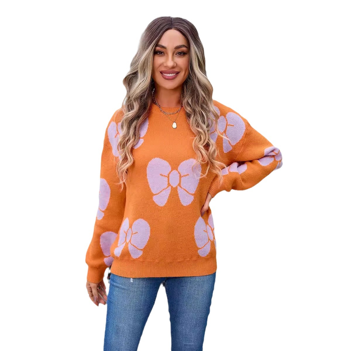 Women's Plus Size Bow Knit Sweater Loose Crewneck Pullover