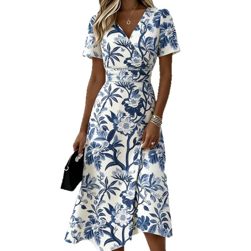 3D Vintage Floral Short Sleeve V-Neck Midi Dress with Flared Skirt