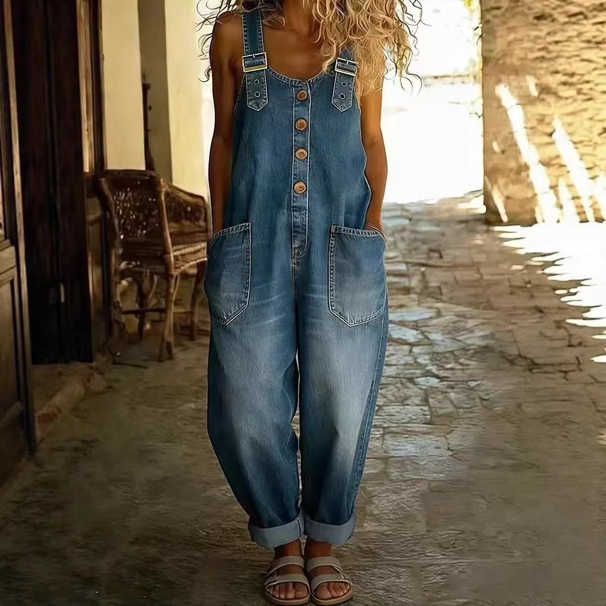 Women's Vintage Washed Denim Jumpsuit Adjustable Buckle Loose Fit