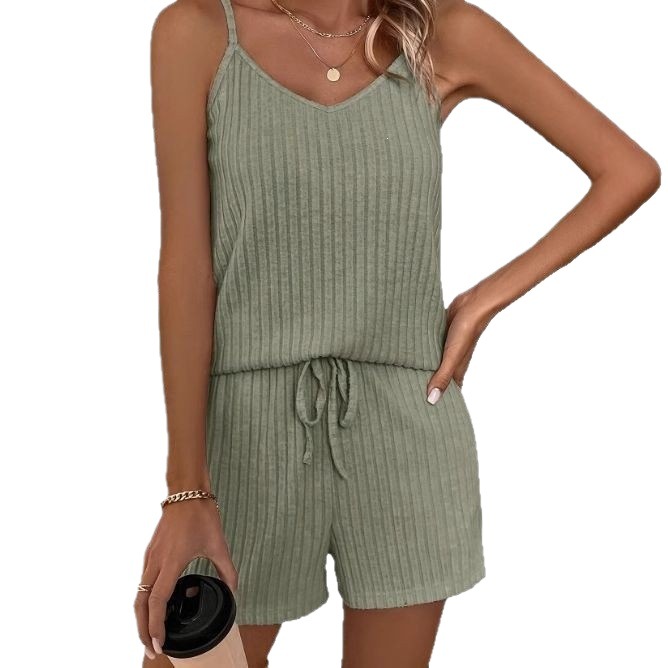 Women's Ribbed Solid Color Tank Top and Shorts Two-Piece Set