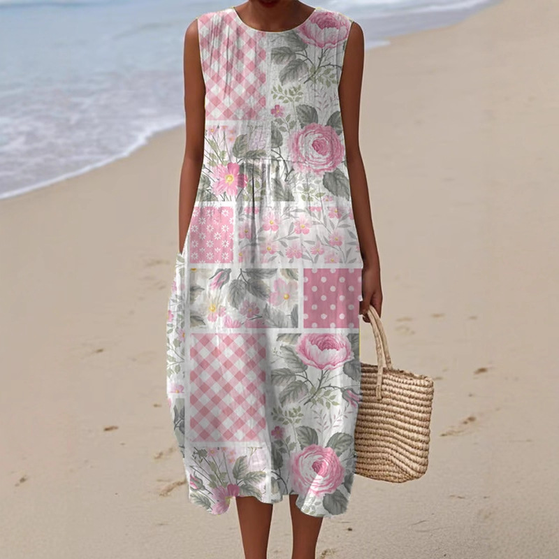 Women's Sleeveless Polka Dot Floral Midi Dress Casual