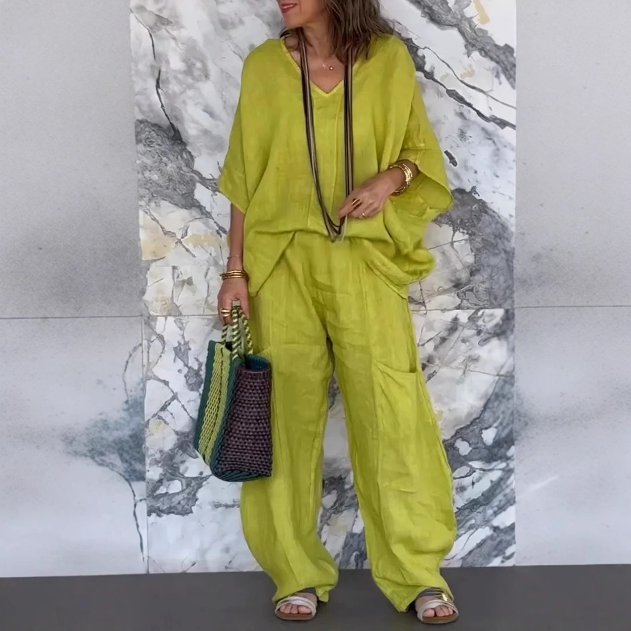 Women's V-Neck Loose Cotton-Linen Pocket Midi Sleeve Pant Set