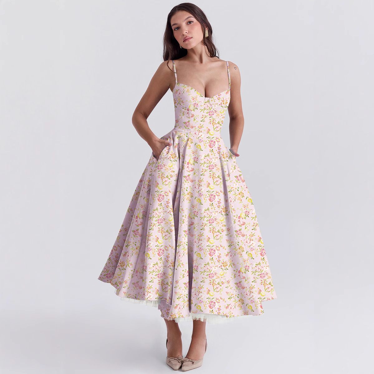 Women's French Style Tulle Double-Layer Cami Maxi Dress with Full Skirt