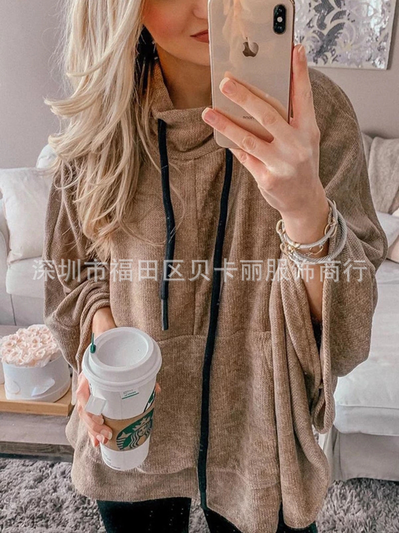 Women's High-Neck Batwing Sleeve Pullover Hoodie