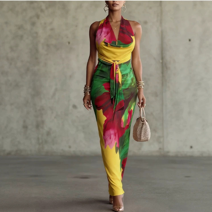 Floral Print Backless Cami Bodycon Midi Dress