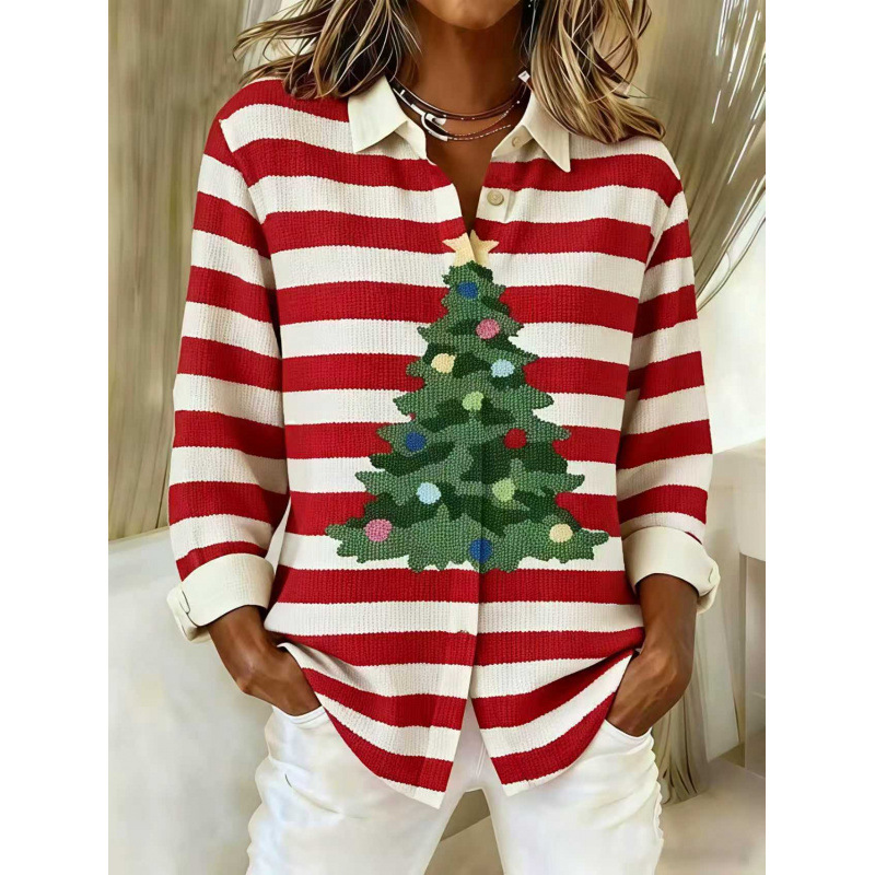 Women's Collared Button-Front Cardigan Sweater, Solid 3D Print Knit, Loose Fit