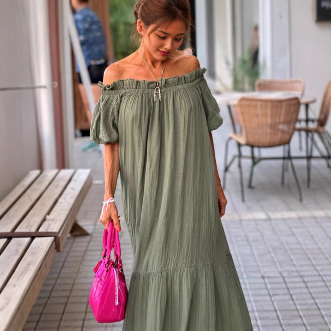 Off-Shoulder Ruffle Hem Solid Color Long Dress