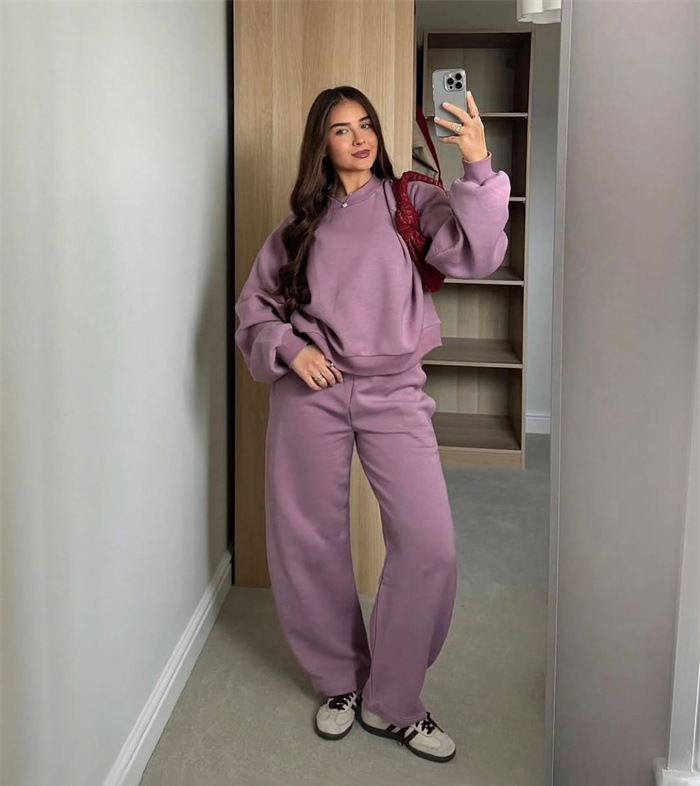 Women's Crewneck Long Sleeve Sweatshirt & Wide Leg Pants Set Casual Solid Color
