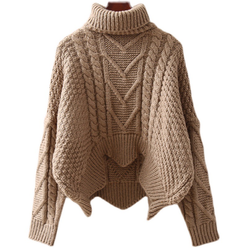 Women's Retro Cable Knit Turtleneck Sweater Loose High Waist Chunky Pullover