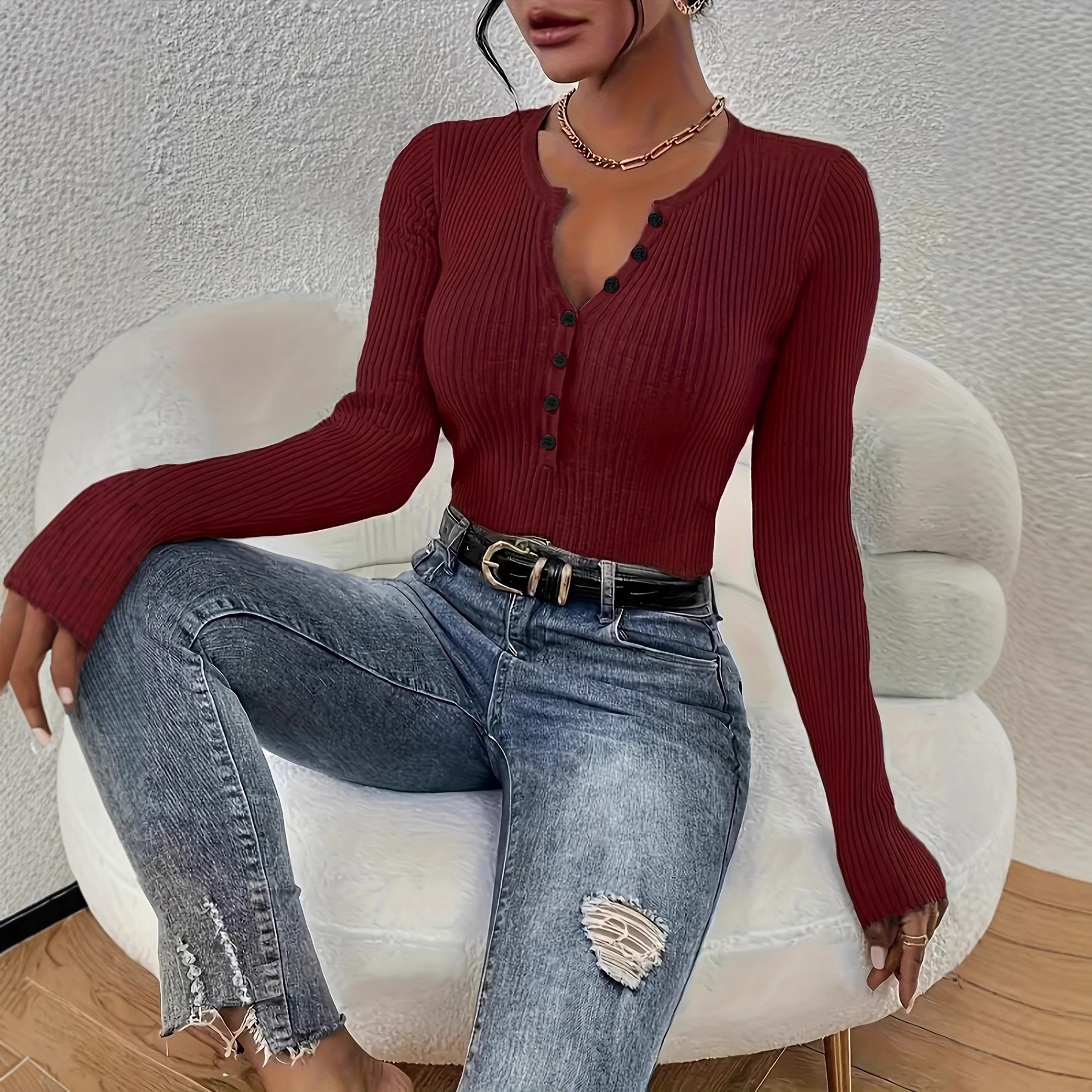 Women's Slim Fit Solid Color Button Neck Knit Sweater Long Sleeve Pullover
