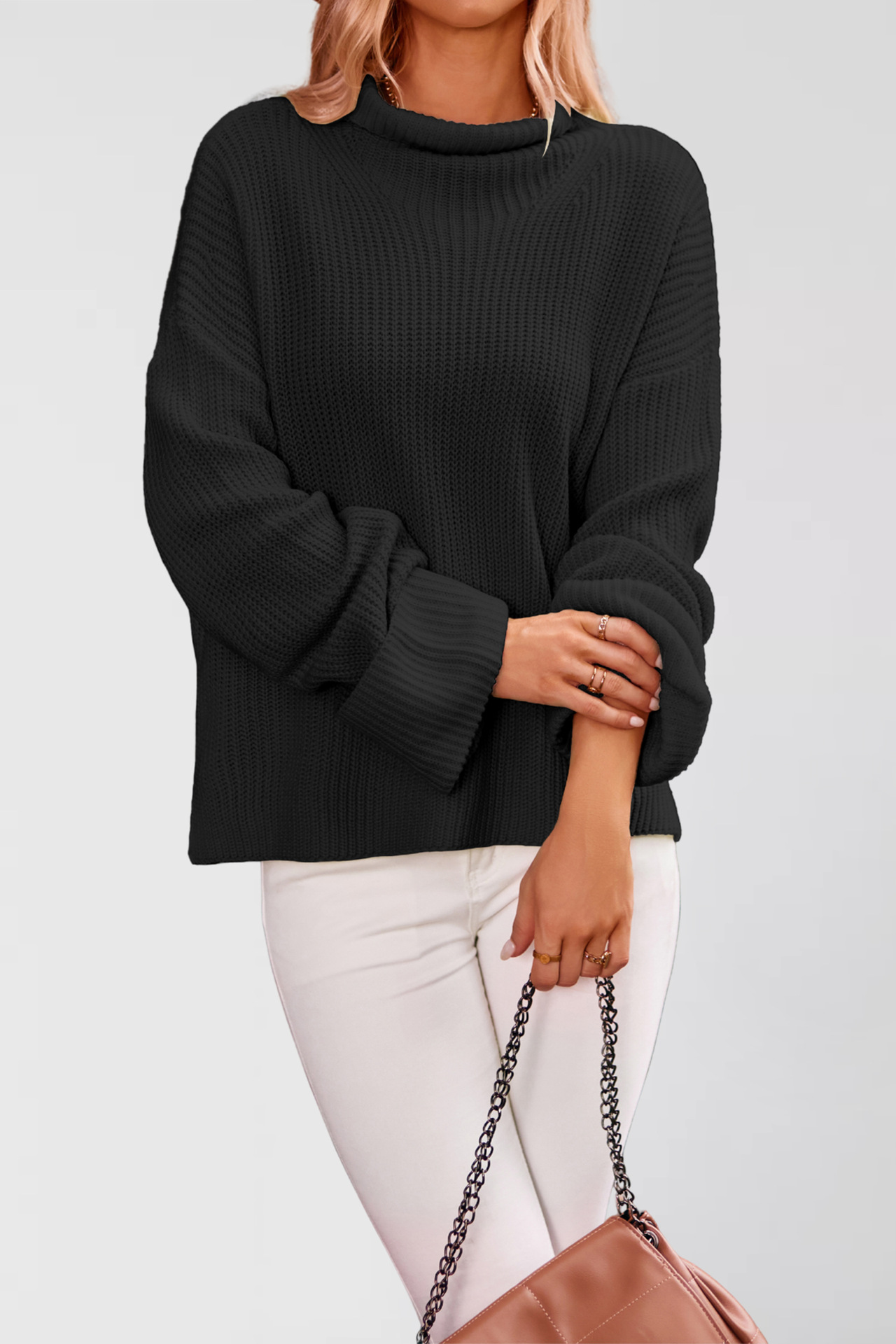 Women's Solid Color Flared Sleeve Crewneck Knit Sweater
