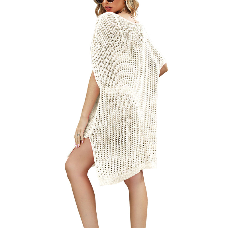 Solid Color Hollow-Out Loose Beach Dress V-Neck Midi Cover-Up
