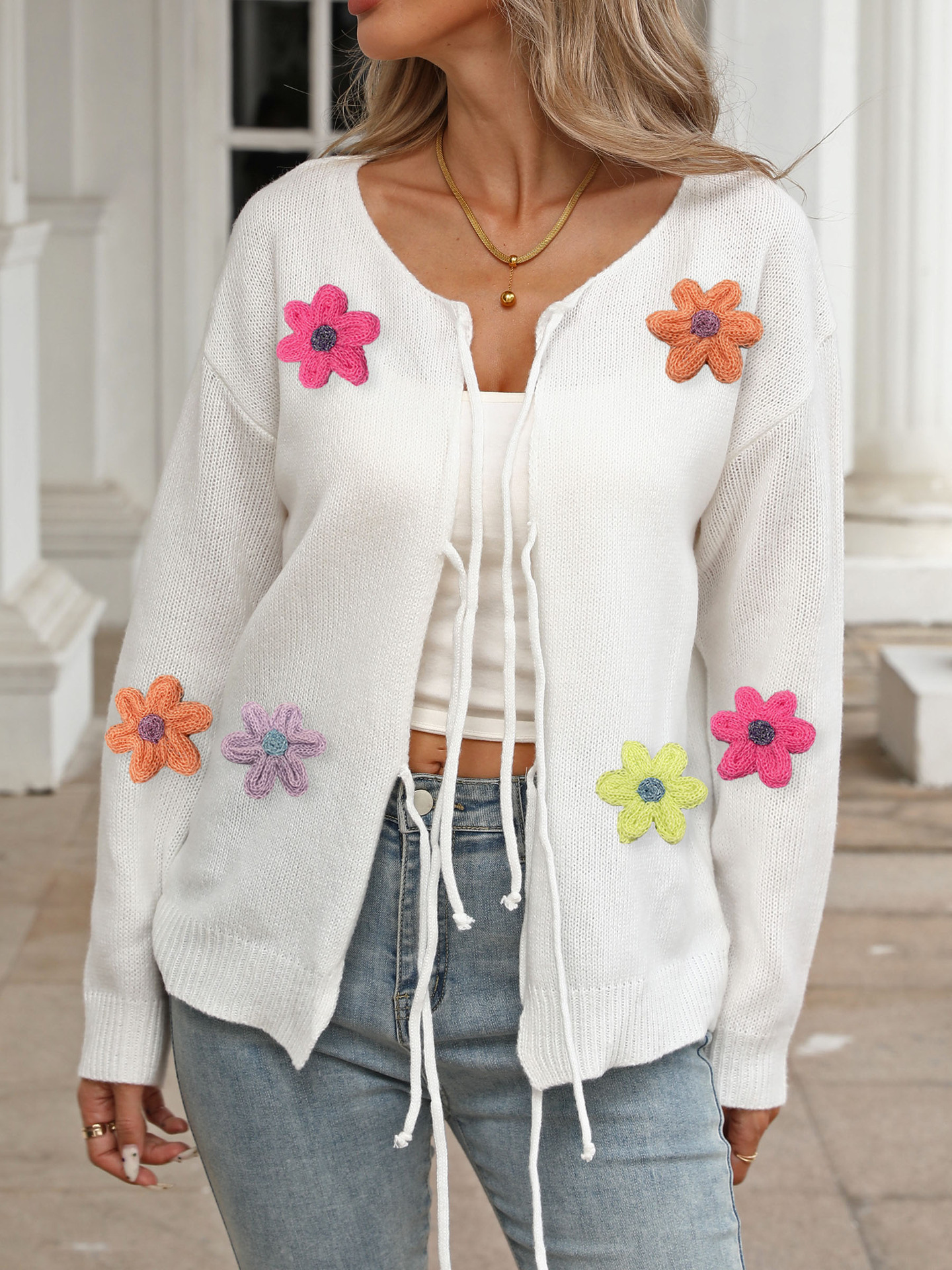 Women's Tie-Front Bow Wool Embroidered Floral Cardigan Sweater