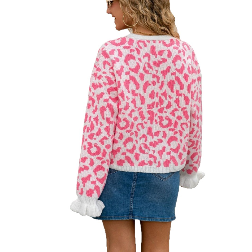Women's Leopard Jacquard Tie-Front Cardigan Short Knit Sweater Coat