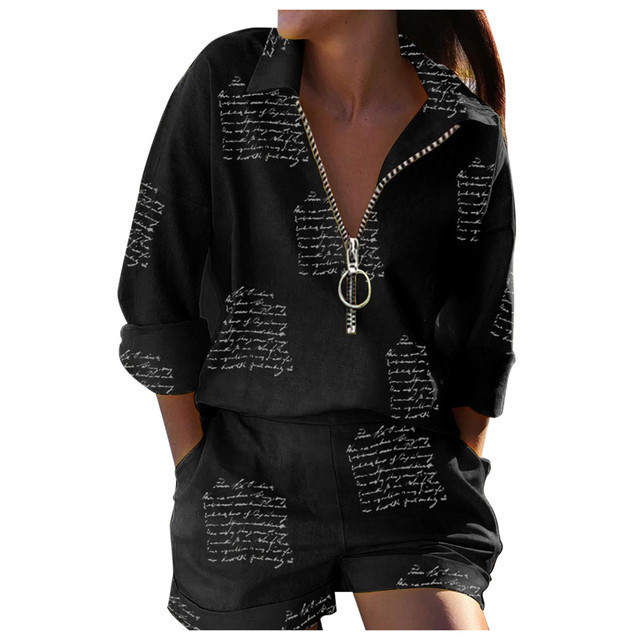 Women's Spring Print Zip-Up Top and Shorts Two-Piece Set