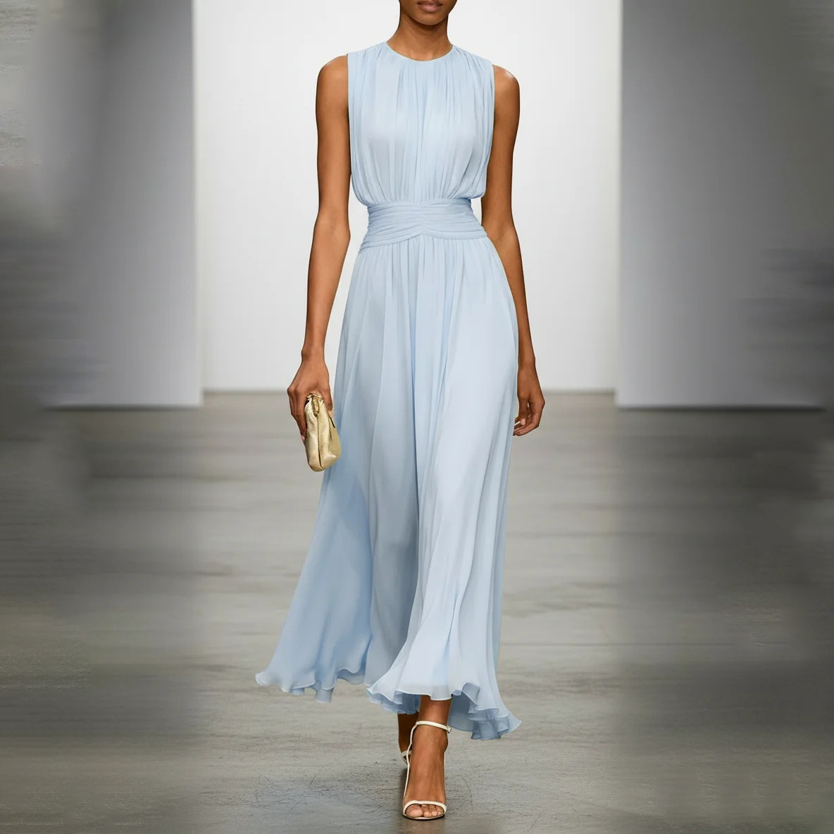 Sleeveless Solid Color Waist-Cinched A-Line Midi Dress with Round Neck