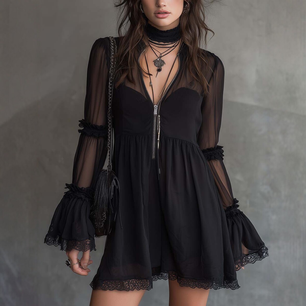 Black Lace Panel Long Sleeve Bodycon Mini Dress