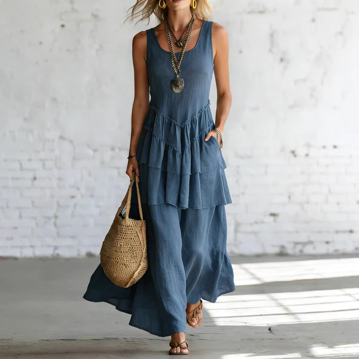 Women's Sleeveless Cotton Linen Dress with Flared Skirt