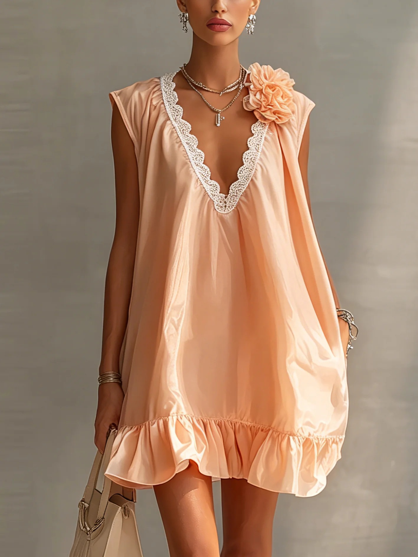 Nude Pink Lace V-Neck Sleeveless A-Line Mini Dress with 3D Floral Ruffles