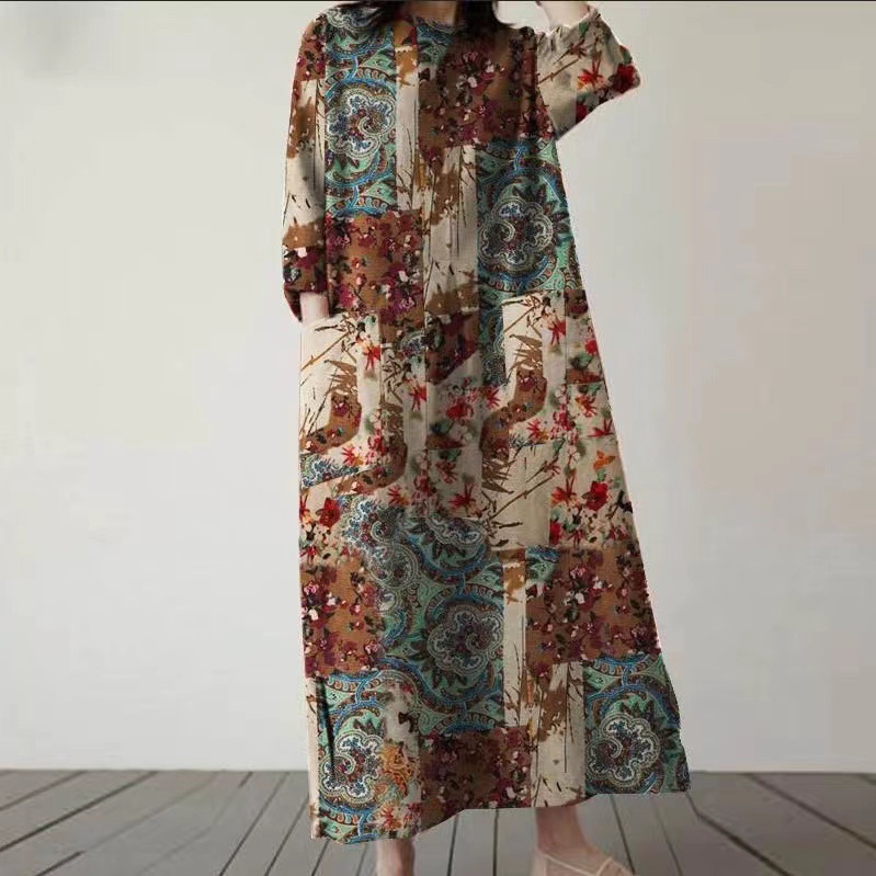 Women's Cotton-Linen Floral Print Round Neck Loose A-Line Midi Dress