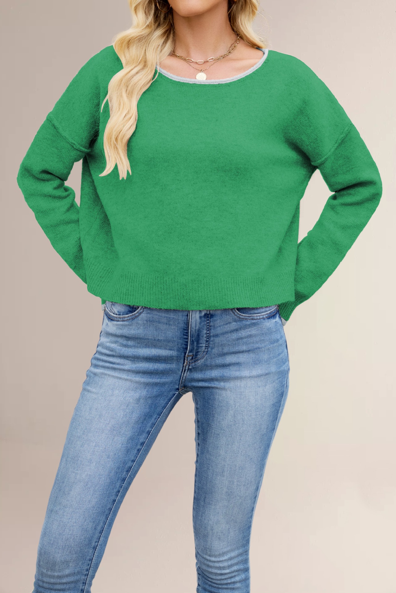 Women's Color-Block Crewneck Knit Sweater Loose Pullover
