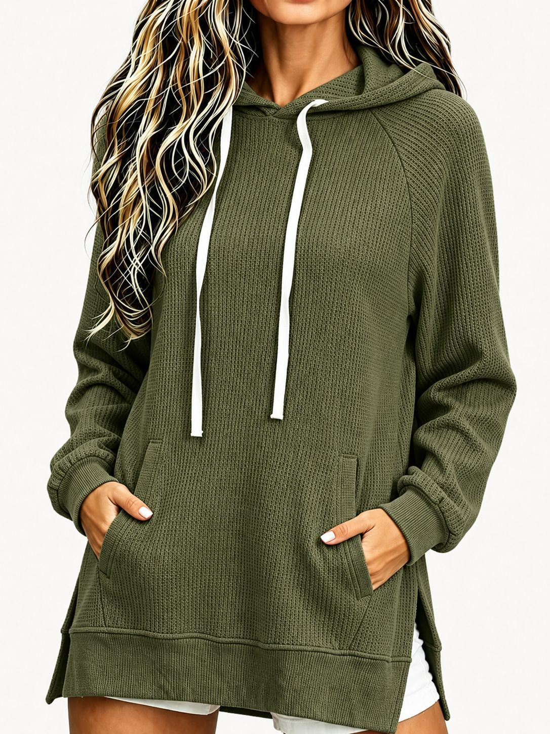Women's Waffle Knit Hooded Sweatshirt Fall Winter New Loose Mid-Length Pullover with Pockets