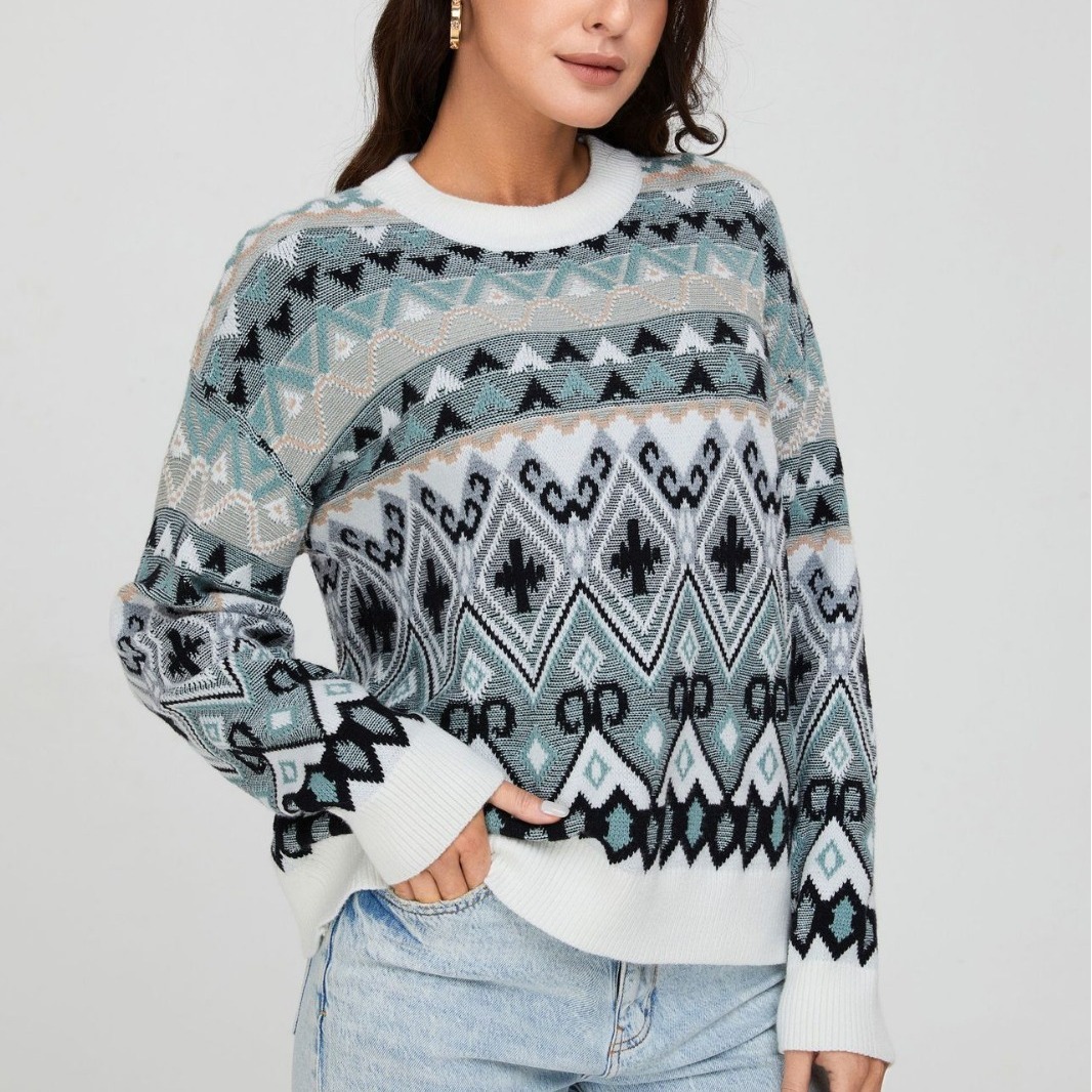 Fair Isle Retro Diamond Geometric Jacquard Knit Sweater Women's Crewneck Long Sleeve