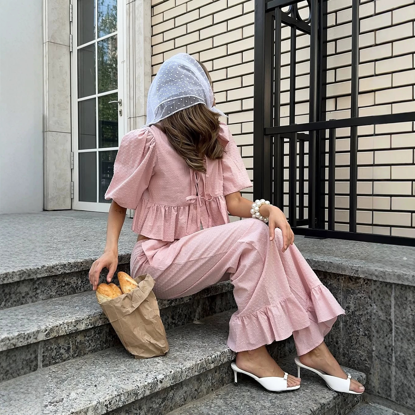 Women's Casual Short Sleeve Tie-Front Shirt and Ruffle Hem Pants Set